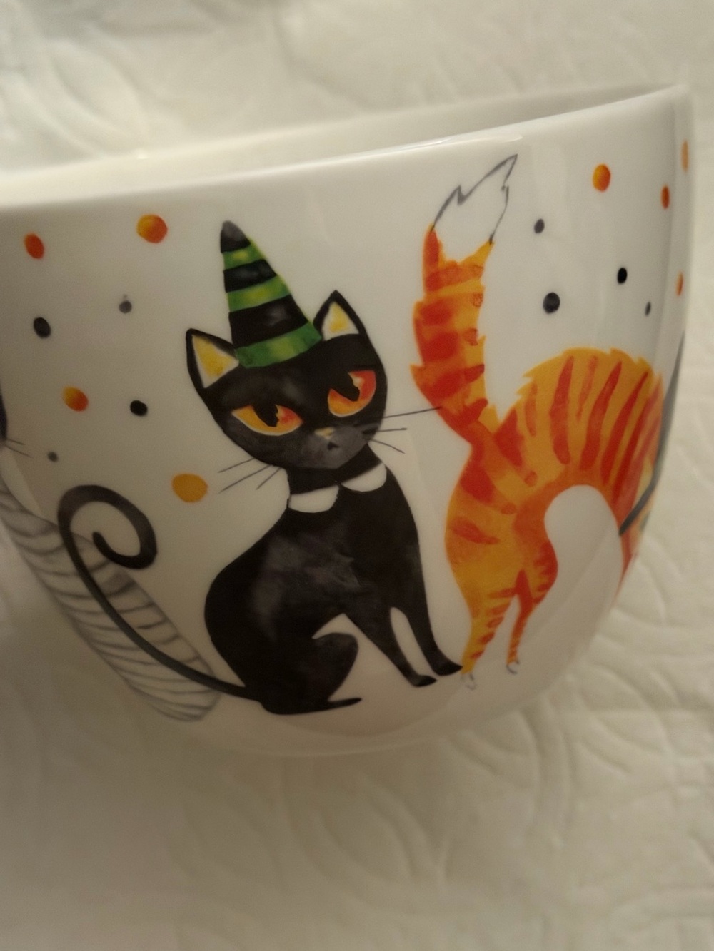 Halloween Cat Ceramic Coffee Mug - White with Black and Orange Cartoon Cats - Picture 2 of 7